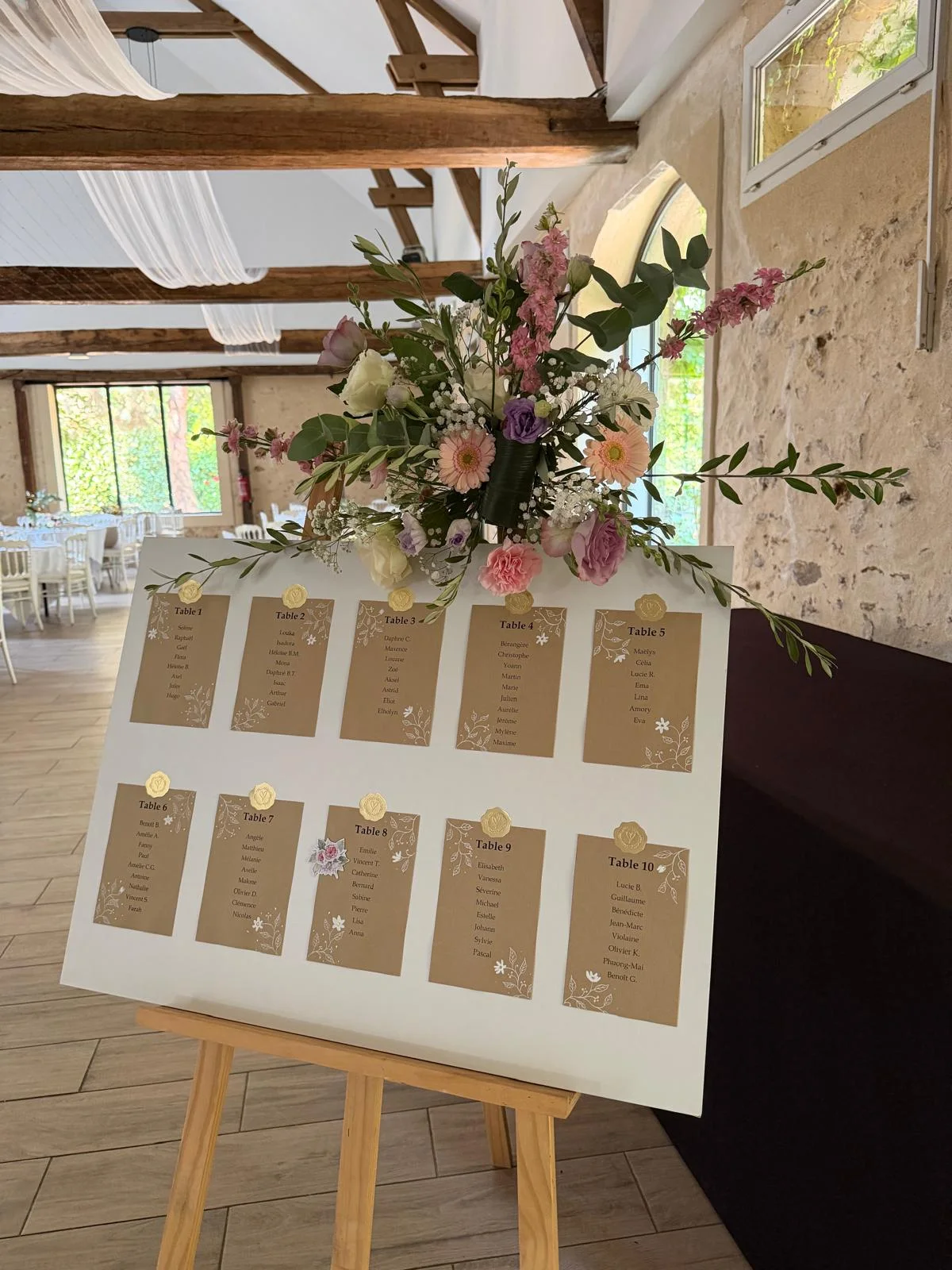 Plan de table sur chevalet, étiquettes kraft et composition florale rose – Armony's Déco